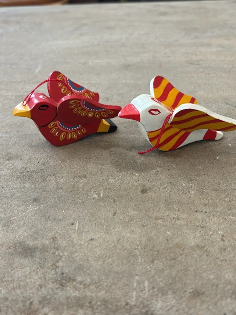 Lot of 2 - Hand-Painted Red and White Decorative Bird Ornaments